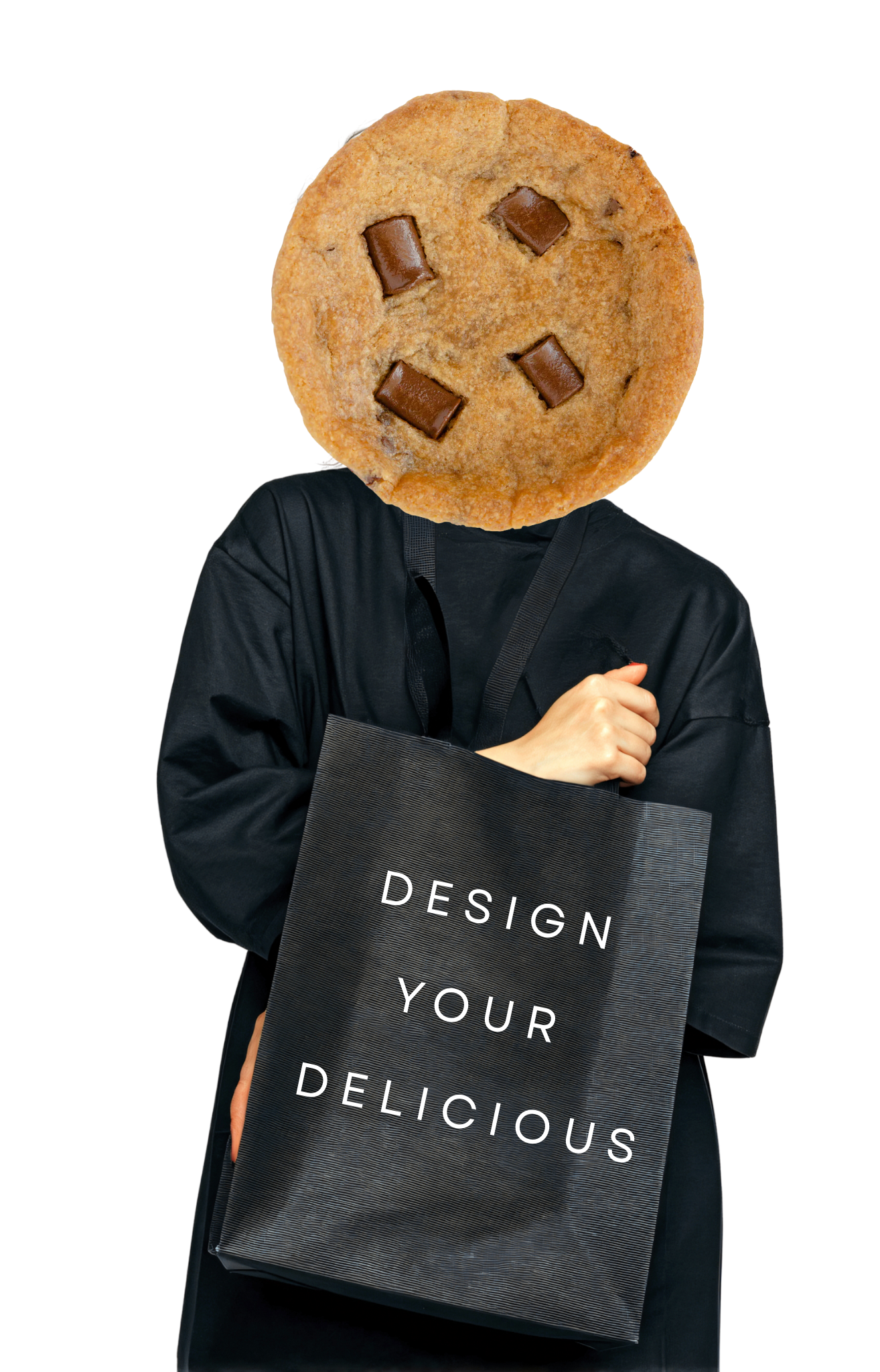 Person wearing a cookie head holding a tote bag with Urban Dessert Lab 'Design Your Delicious' text on a black bag
