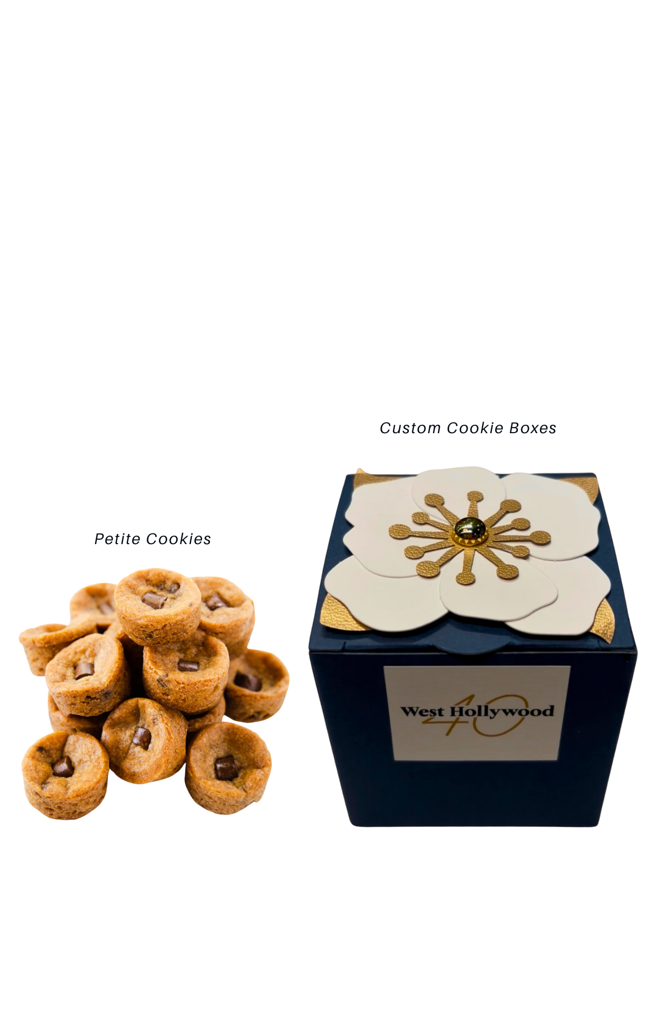 Custom cookie boxes by Urban Dessert Lab with 'West Hollywood' branding next to a pile of petite cookies on a white background.