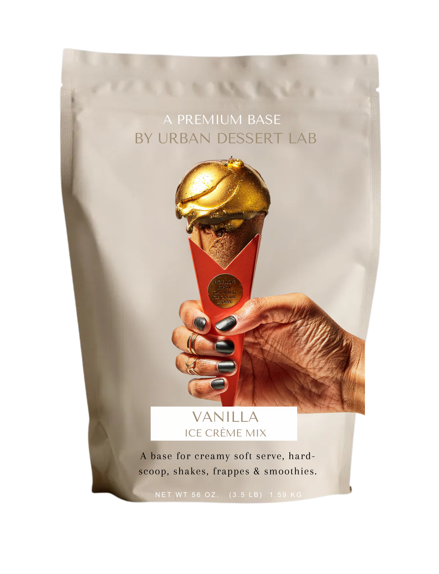 Urban Dessert Lab wholesale vanilla ice cream mix package for purchase with a hand holding an ice cream cone
