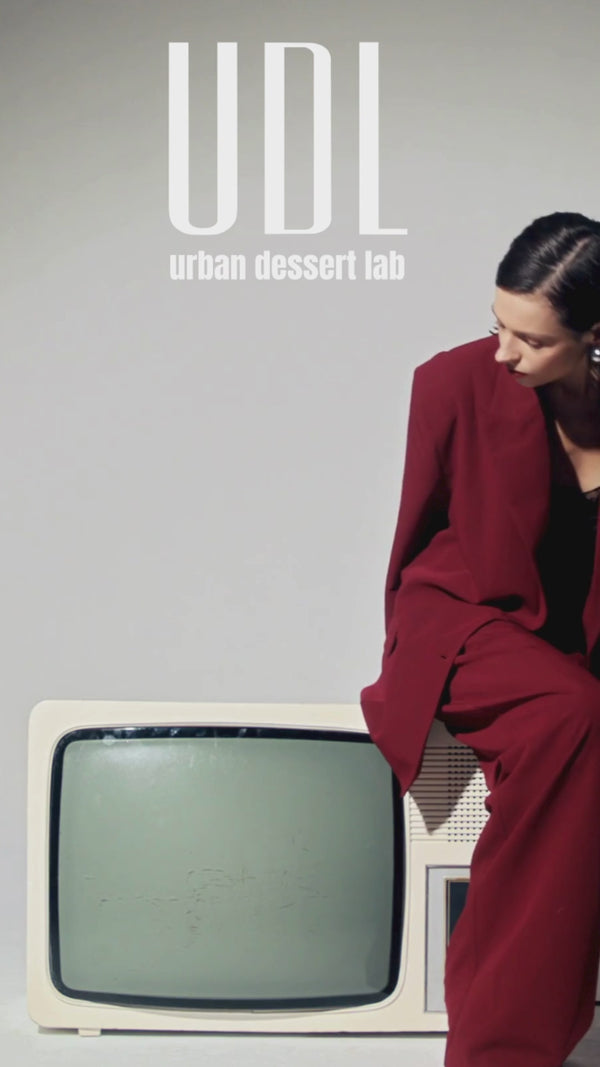 A model in a burgundy outfit sits beside a vintage television displaying Urban Dessert Lab Matcha Sauce and Matcha Latte. The text "UDL urban dessert lab" is displayed above.