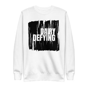 white sweatshirt with dairy defying print