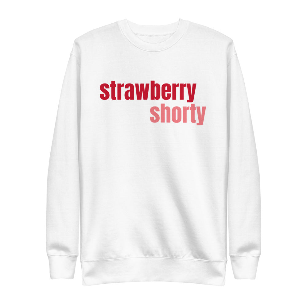 white sweatshirt with strawberry shorty print